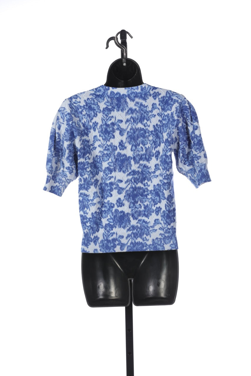 Derek Lam Light Blue w Dark Blue Floral Half-Sleeve Button Neck Sweater