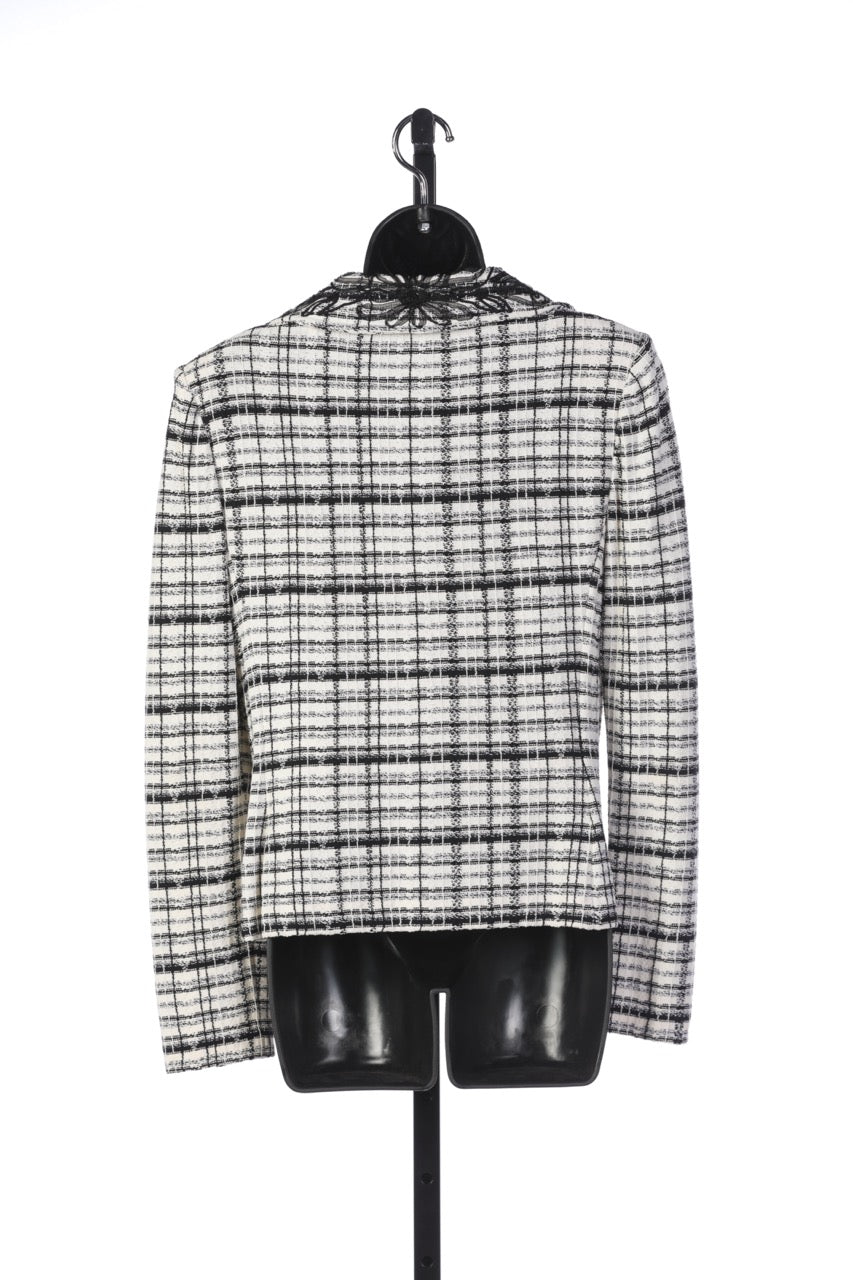 St. John Black & White Plaid Button Down Jacket w/ Floral Pattern on Lapel