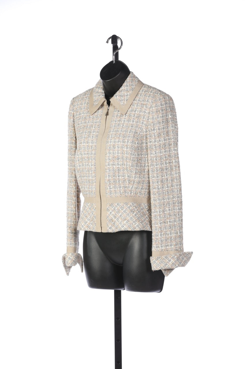 Escada Beige, Light Blue, Pale Pink Tweed Zip Up Blazer with Beige Panel Lining Detail