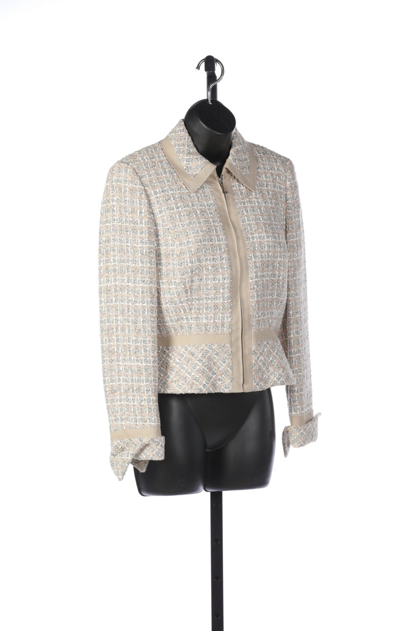 Escada Beige, Light Blue, Pale Pink Tweed Zip Up Blazer with Beige Panel Lining Detail