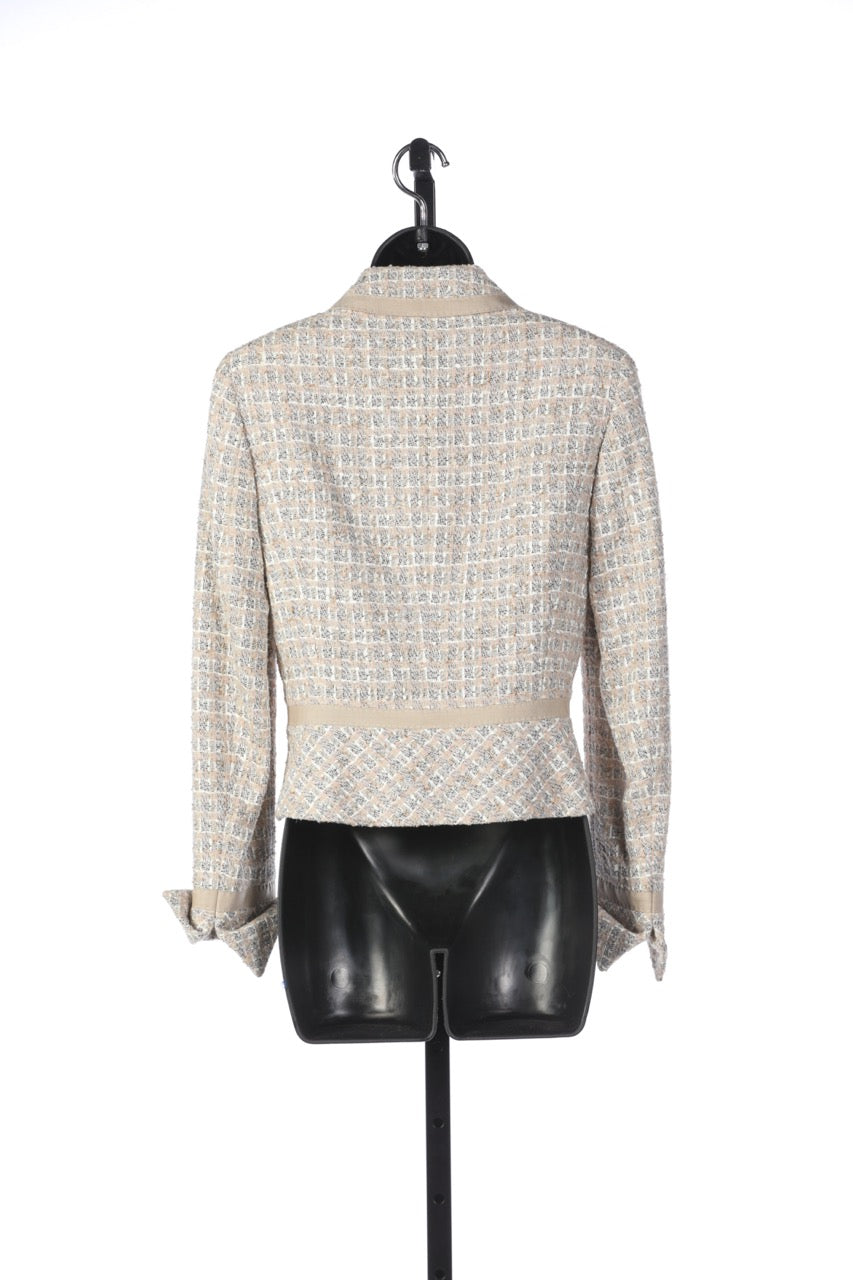 Escada Beige, Light Blue, Pale Pink Tweed Zip Up Blazer with Beige Panel Lining Detail
