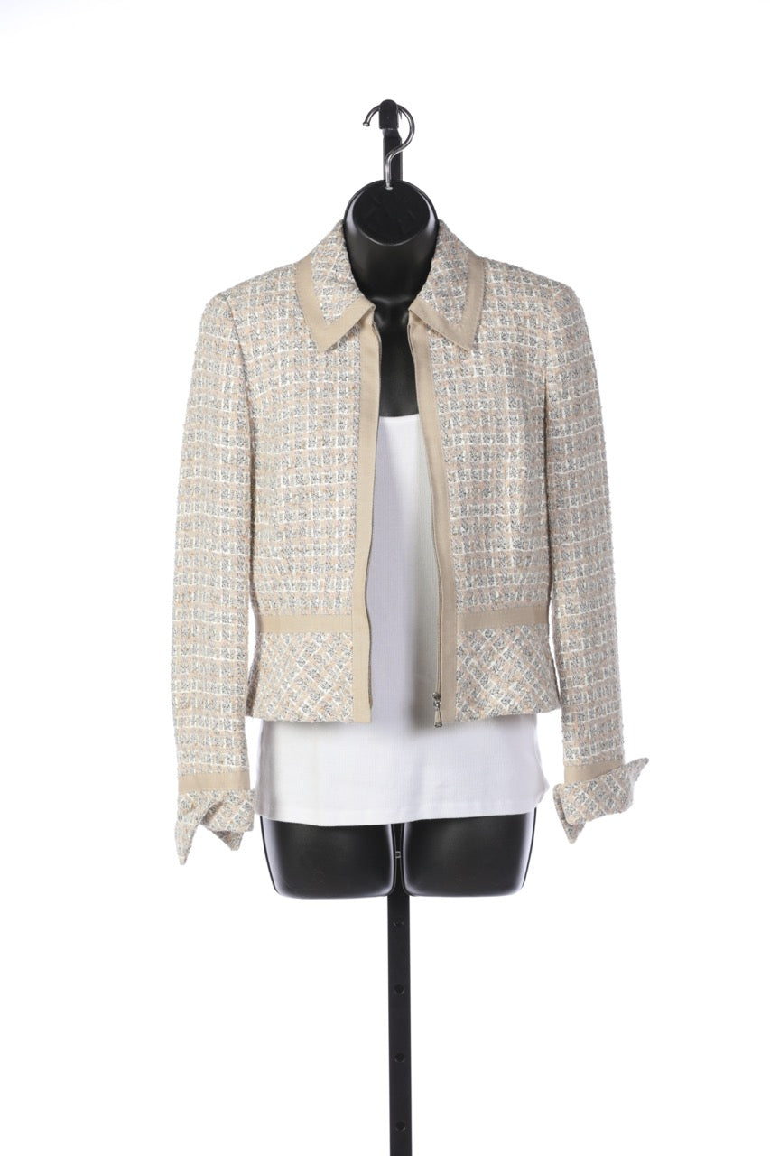Escada Beige, Light Blue, Pale Pink Tweed Zip Up Blazer with Beige Panel Lining Detail