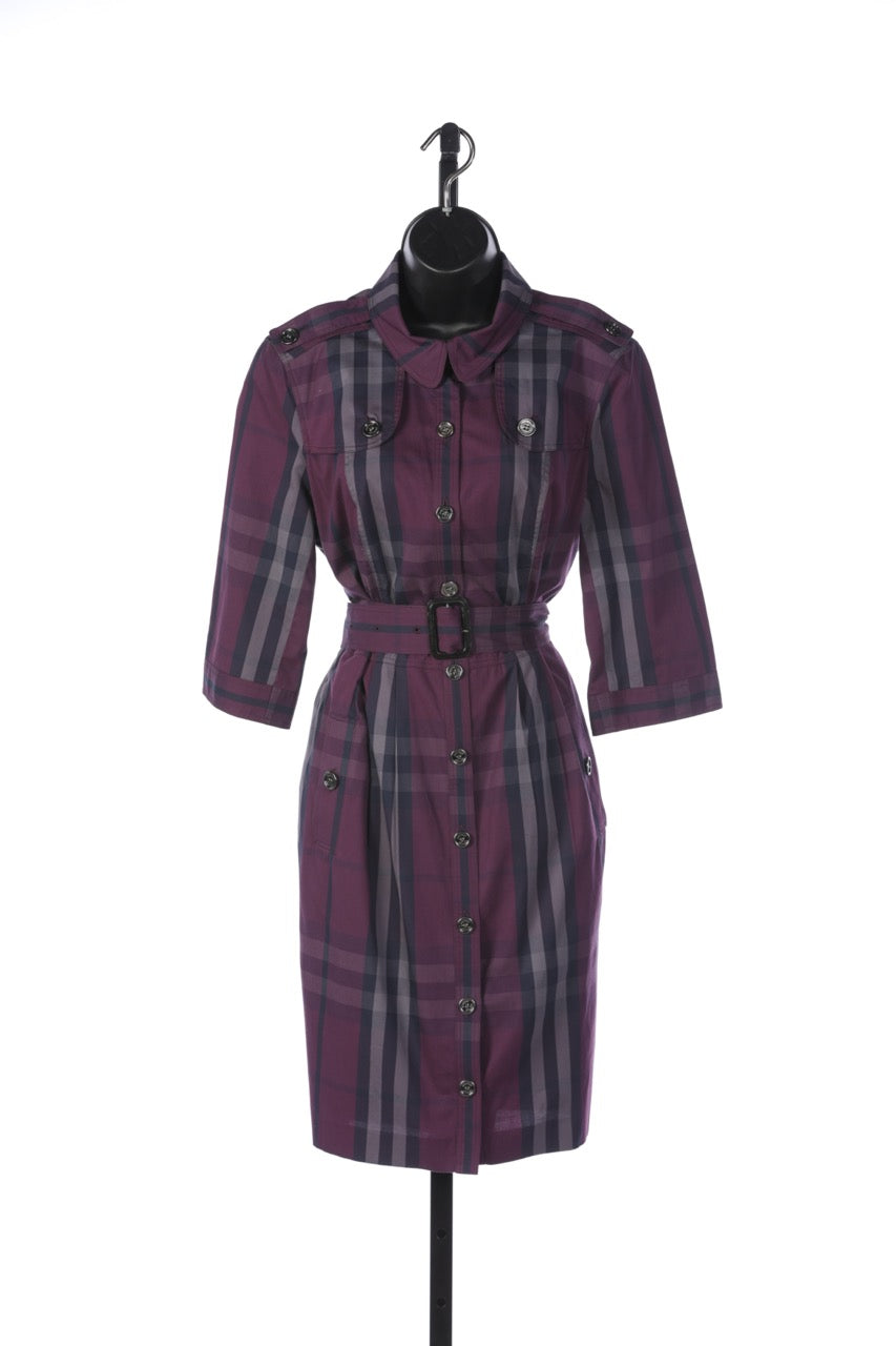 Burberry Purple & Grey Check Button Down Belted Dress
