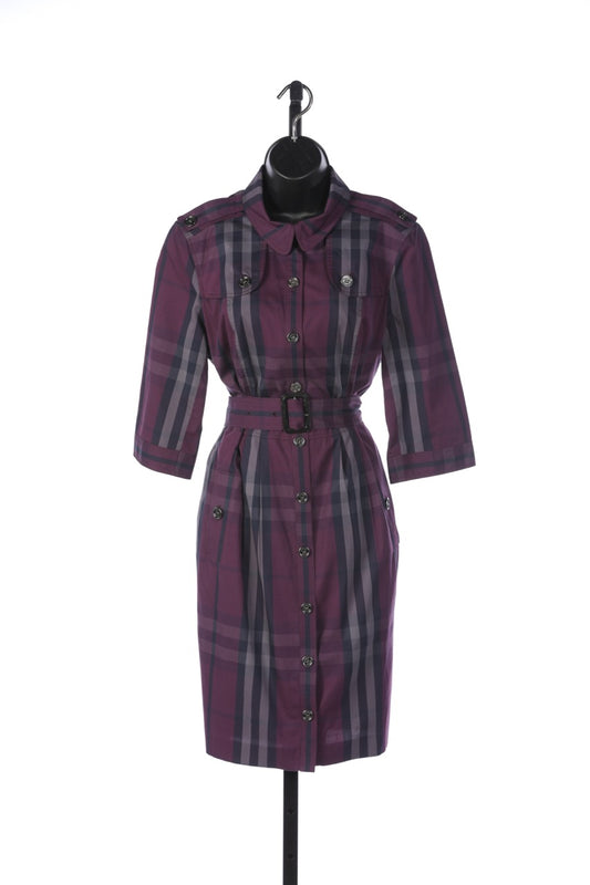 Burberry Purple & Grey Check Button Down Belted Dress