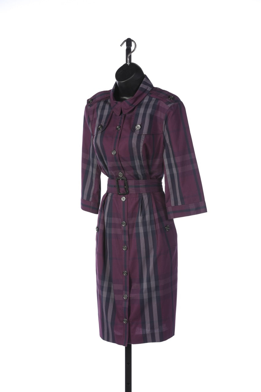 Burberry Purple & Grey Check Button Down Belted Dress