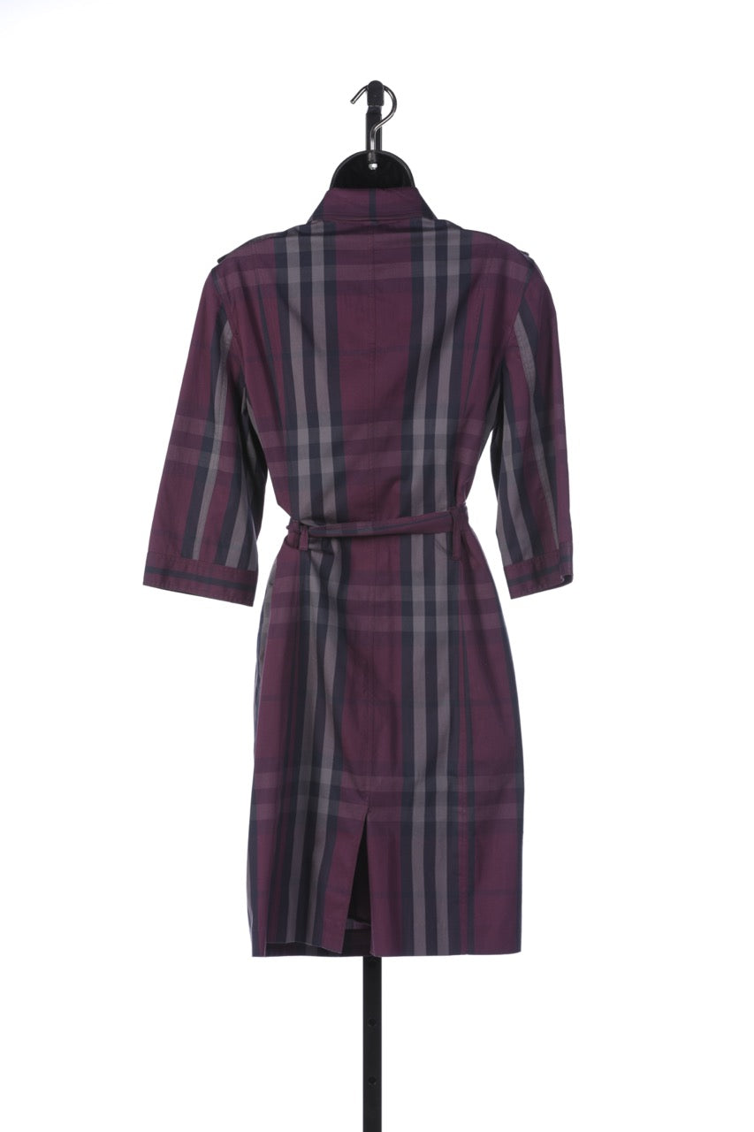 Burberry Purple & Grey Check Button Down Belted Dress