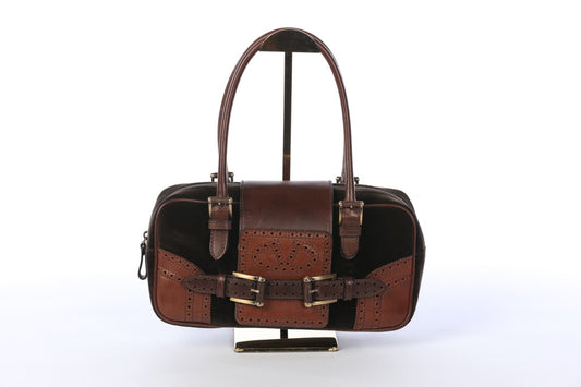 Valentino Brown Leather & Velvet Vintage Shoulder Bag