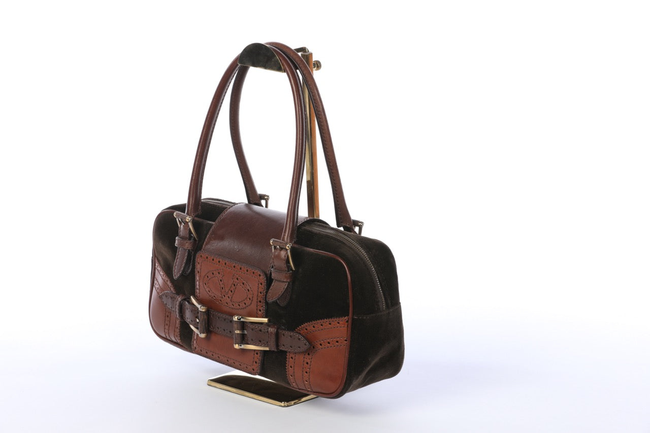 Valentino Brown Leather & Velvet Vintage Shoulder Bag