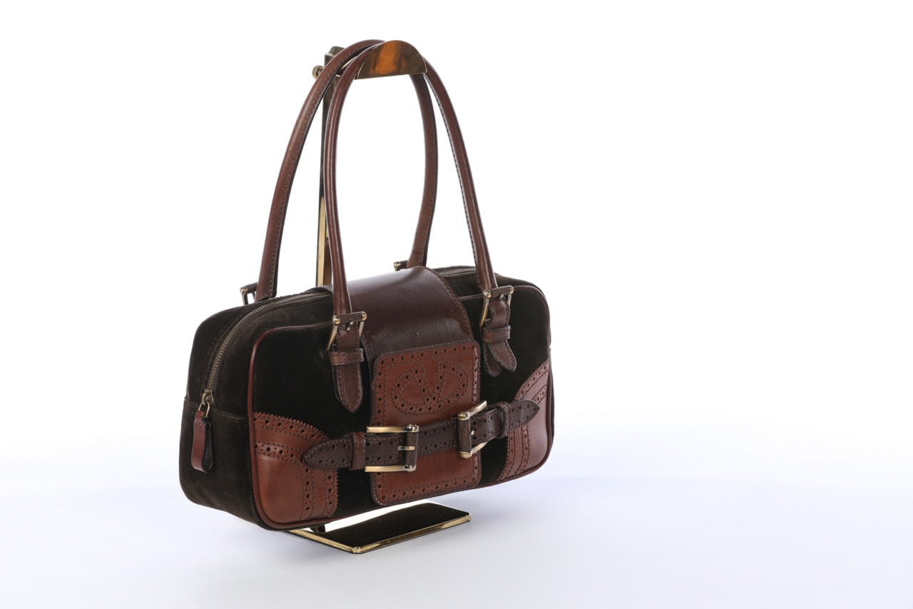 Valentino Brown Leather & Velvet Vintage Shoulder Bag