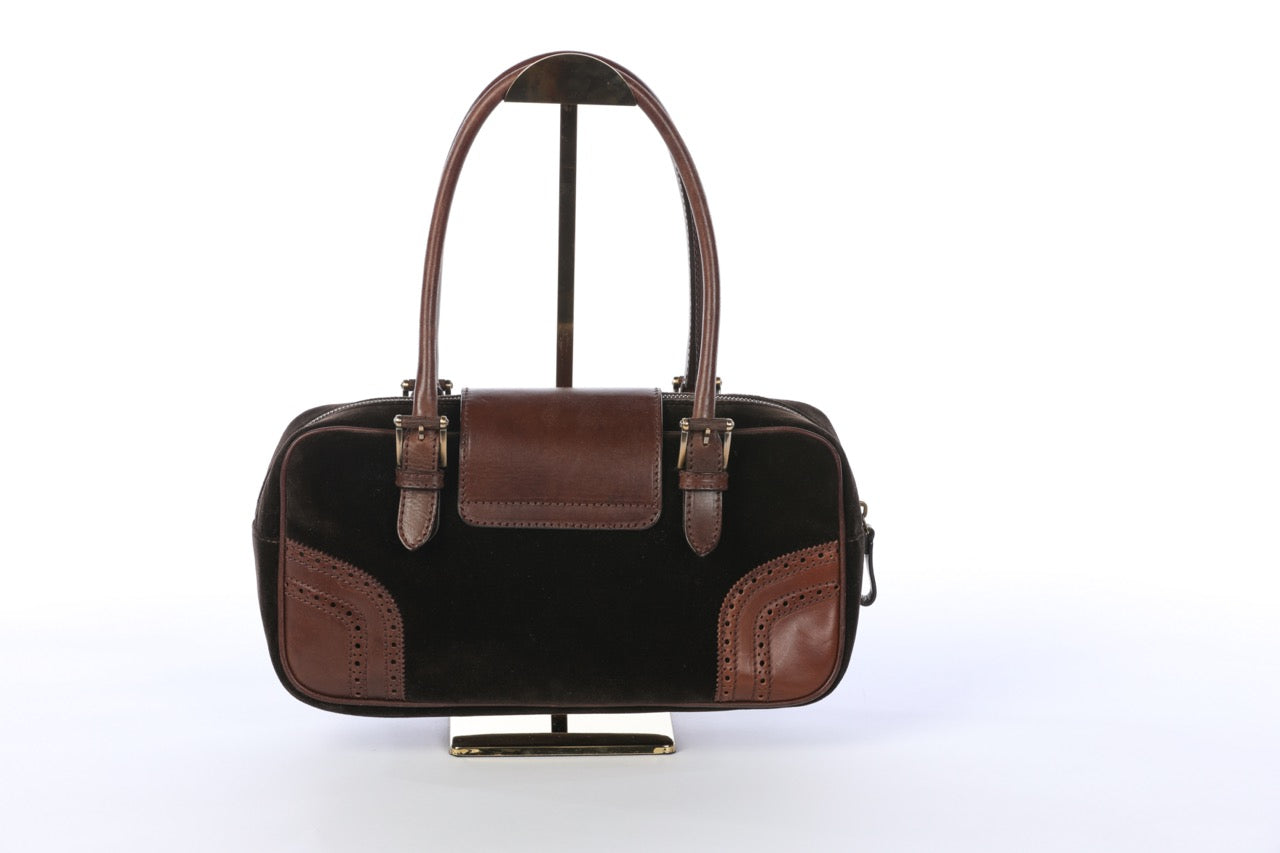 Valentino Brown Leather & Velvet Vintage Shoulder Bag