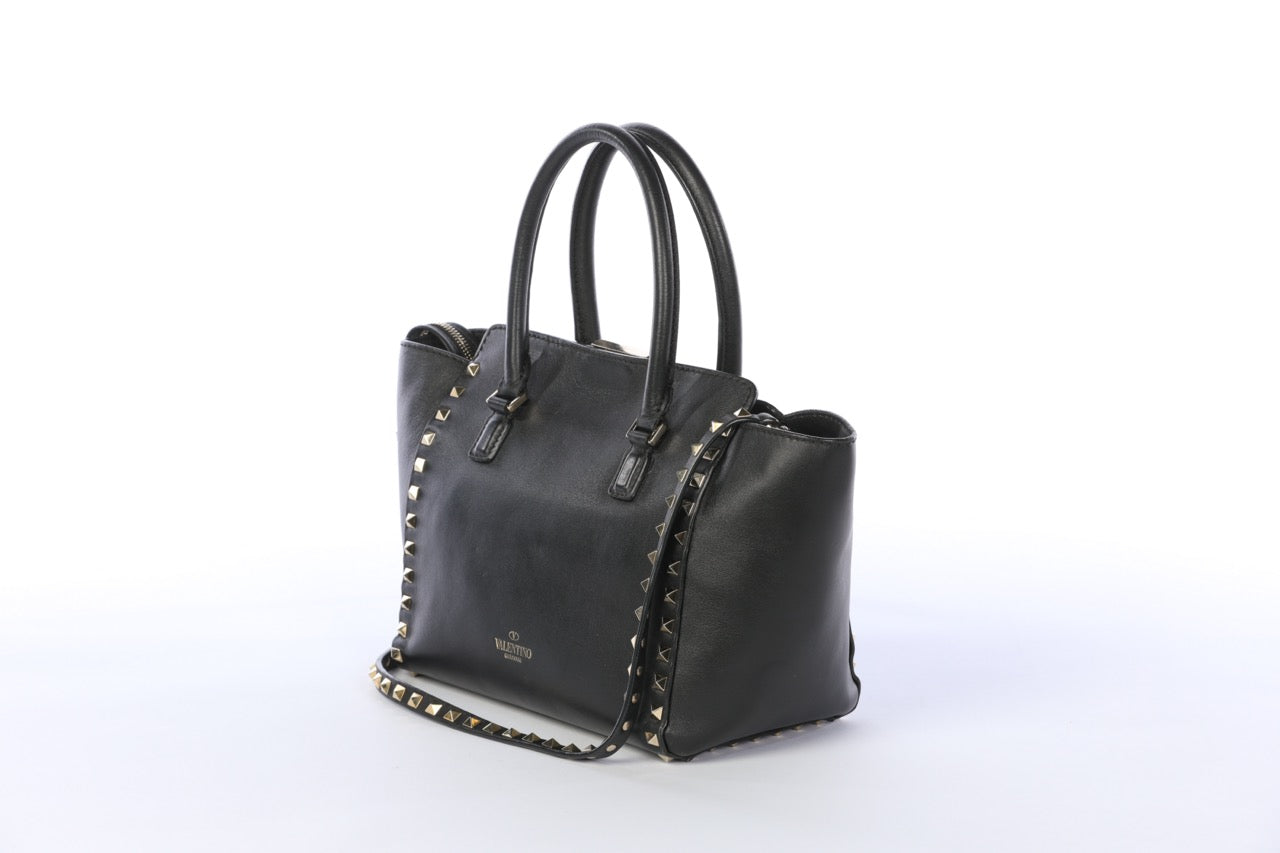 Valentino Black Small Rockstud Top Handle Tote with Crossbody Strap