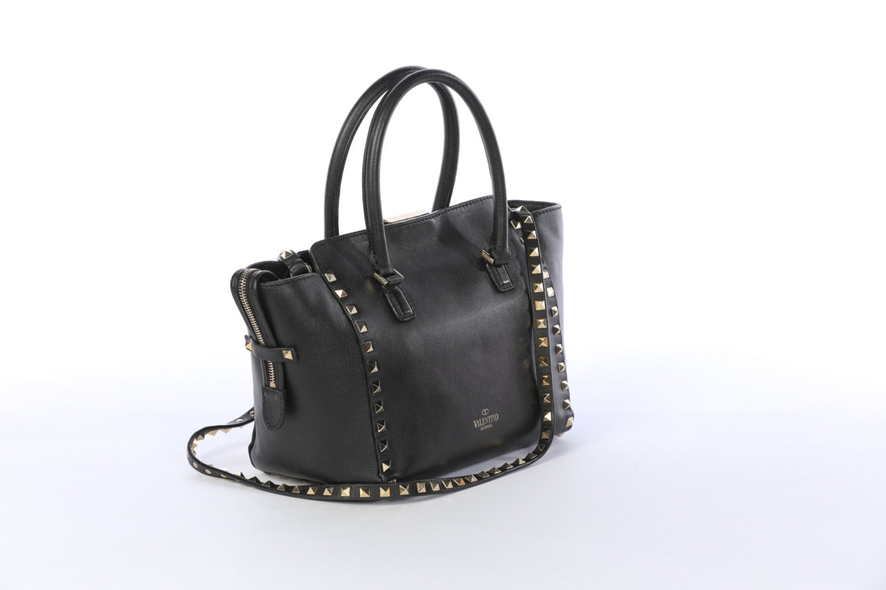 Valentino Black Small Rockstud Top Handle Tote with Crossbody Strap