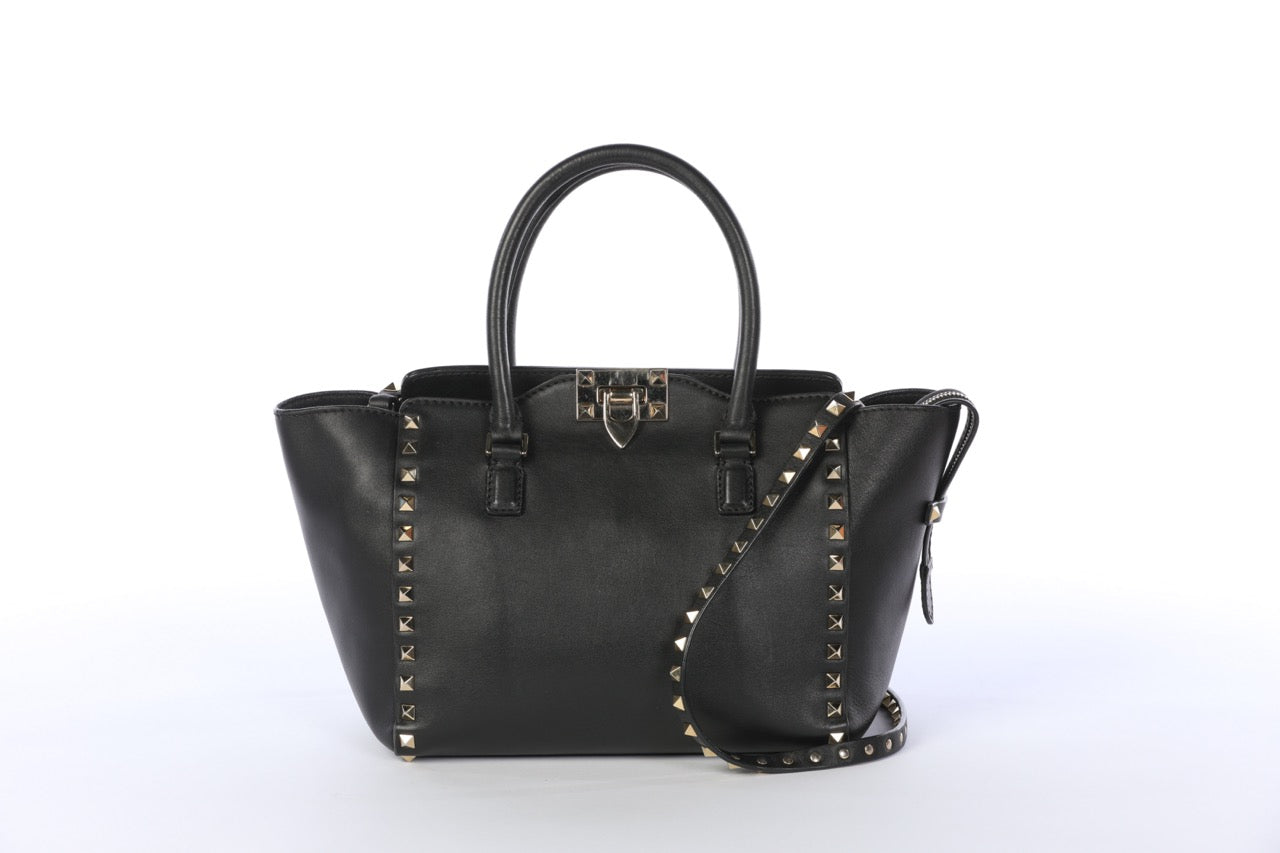 Valentino Black Small Rockstud Top Handle Tote with Crossbody Strap