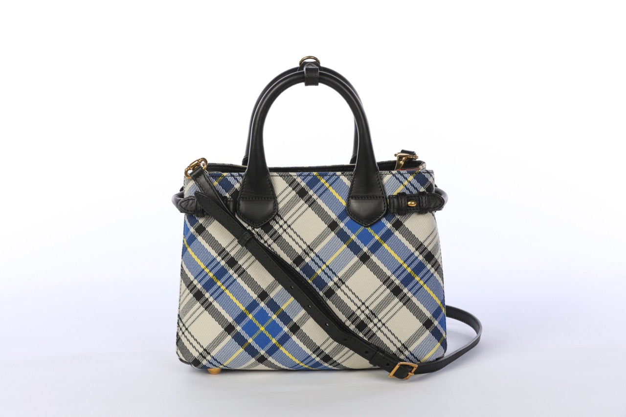 HAS DUSTBAG - Burberry Cream Yellow and Blue Small Banner Tartan Mix Tote