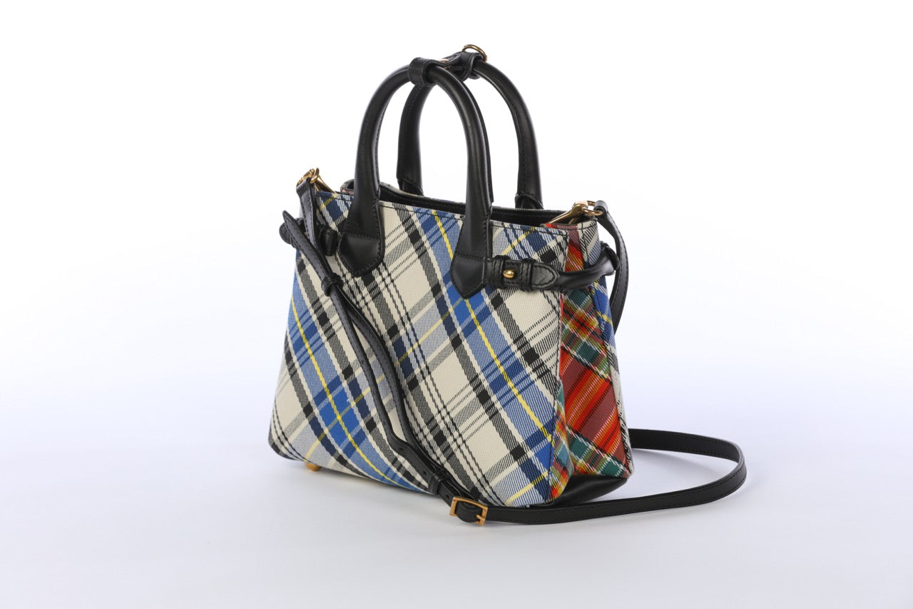 HAS DUSTBAG - Burberry Cream Yellow and Blue Small Banner Tartan Mix Tote