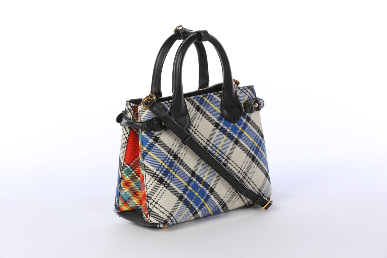 HAS DUSTBAG - Burberry Cream Yellow and Blue Small Banner Tartan Mix Tote