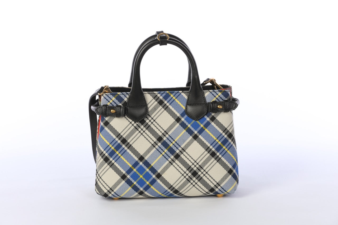 HAS DUSTBAG - Burberry Cream Yellow and Blue Small Banner Tartan Mix Tote