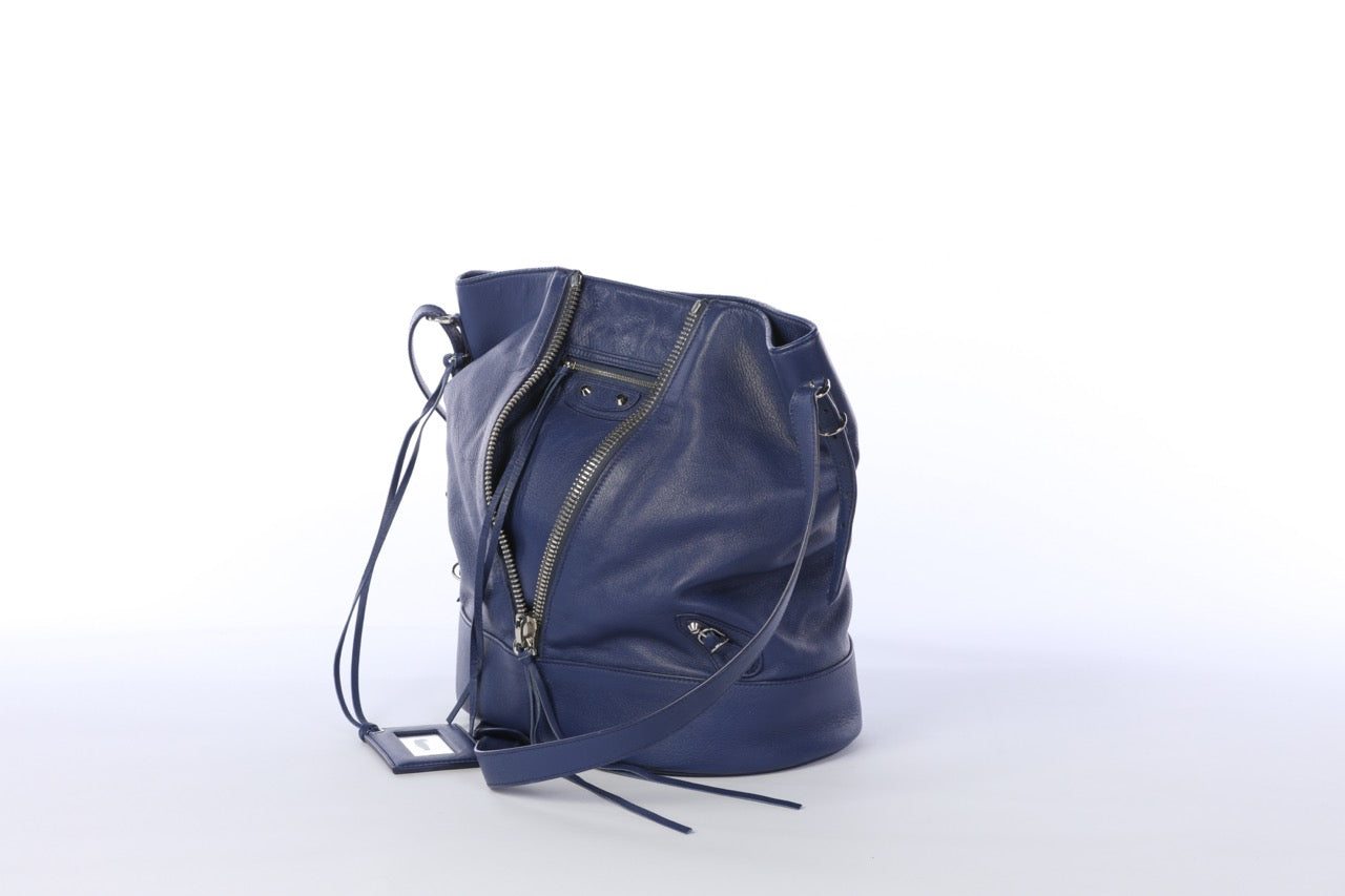 Balenciaga Blue Leather Front Zip Detail Silver Hardware Crossbody Bag