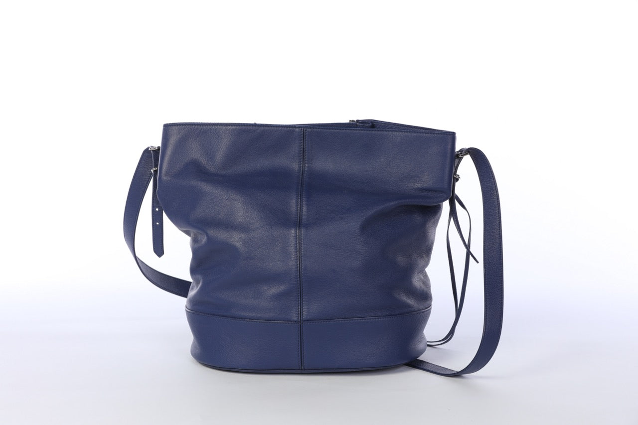 Balenciaga Blue Leather Front Zip Detail Silver Hardware Crossbody Bag