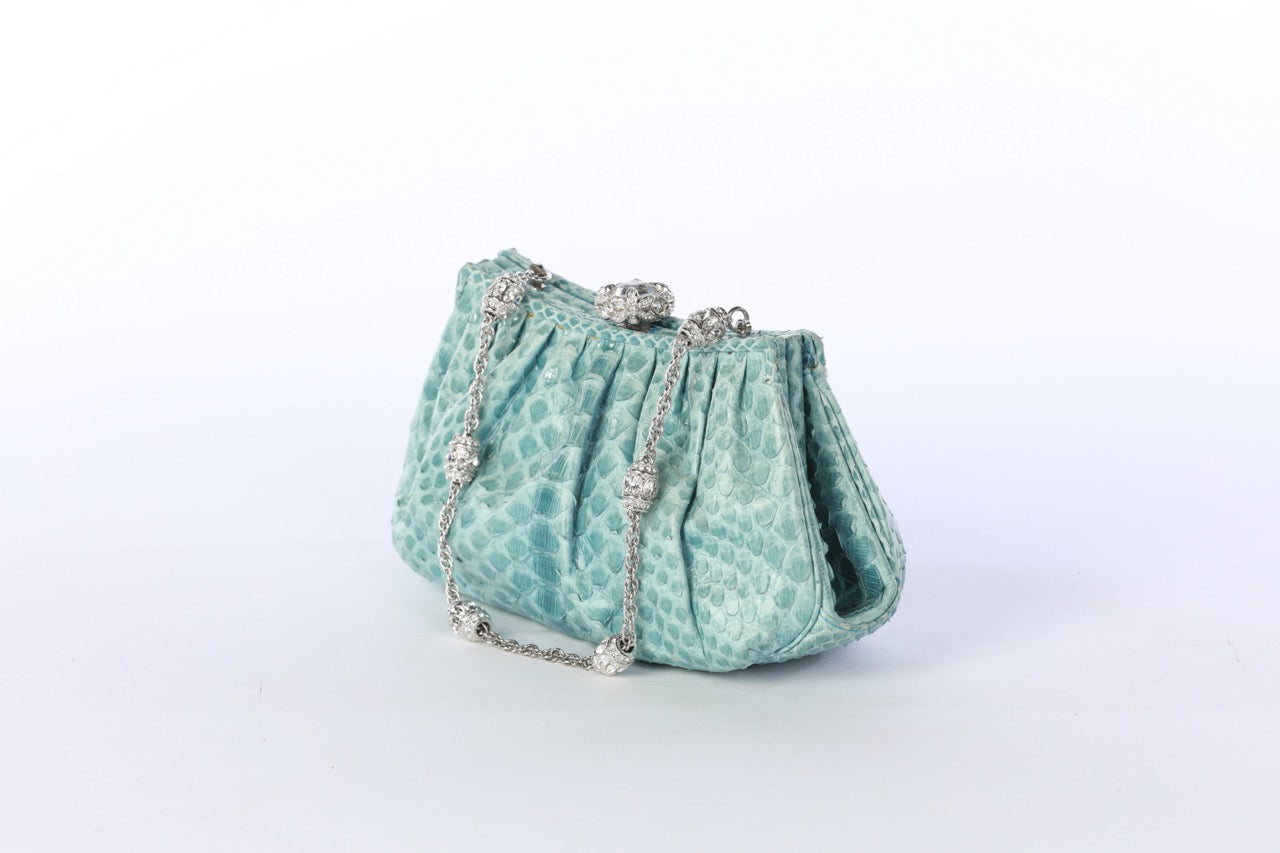 Judith Leiber Blue Genuine Snakeskin Clutch with Crystal Strap & Closure