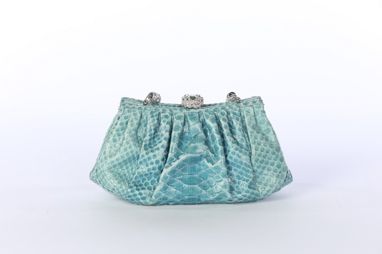 Judith Leiber Blue Genuine Snakeskin Clutch with Crystal Strap & Closure