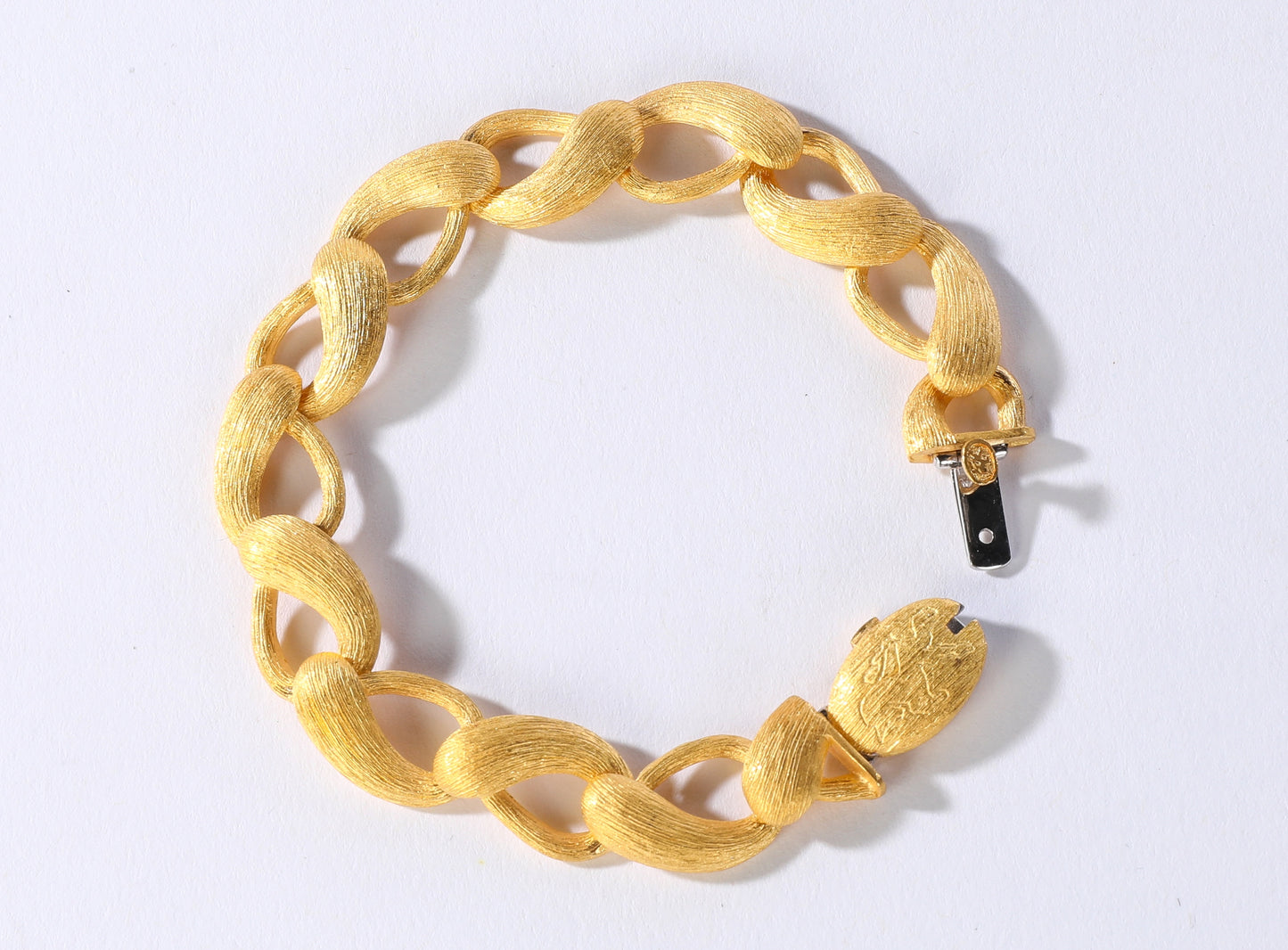 Brushed 24k Yellow Gold Abstract Loop/Swirl Chain Link Bracelet - 38g (Has Matching Style Earrings)