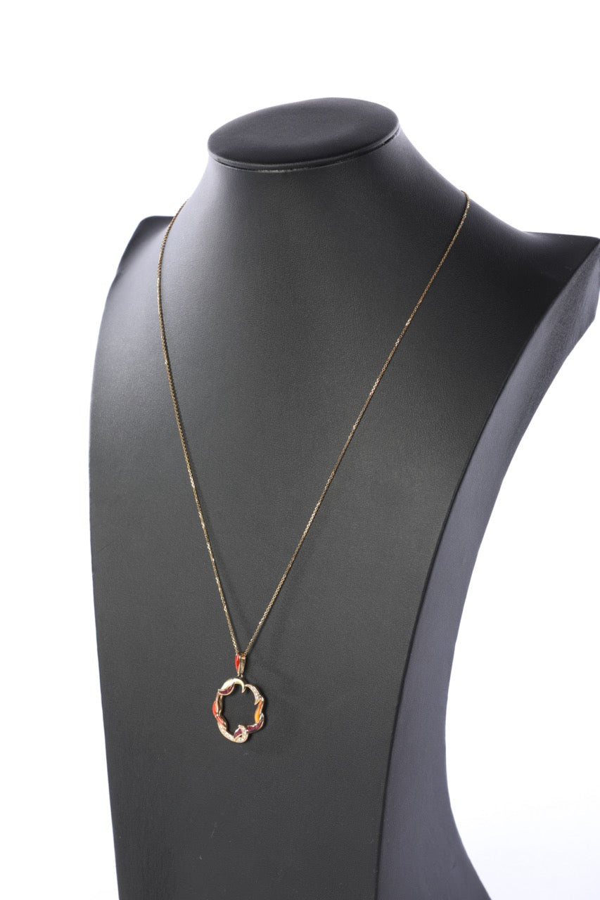 COMES WITH BOX - Kabana 14k Gold Orange, Purple, Mother of Pearl, & Diamond Circle Pendant with Unbranded Chain
