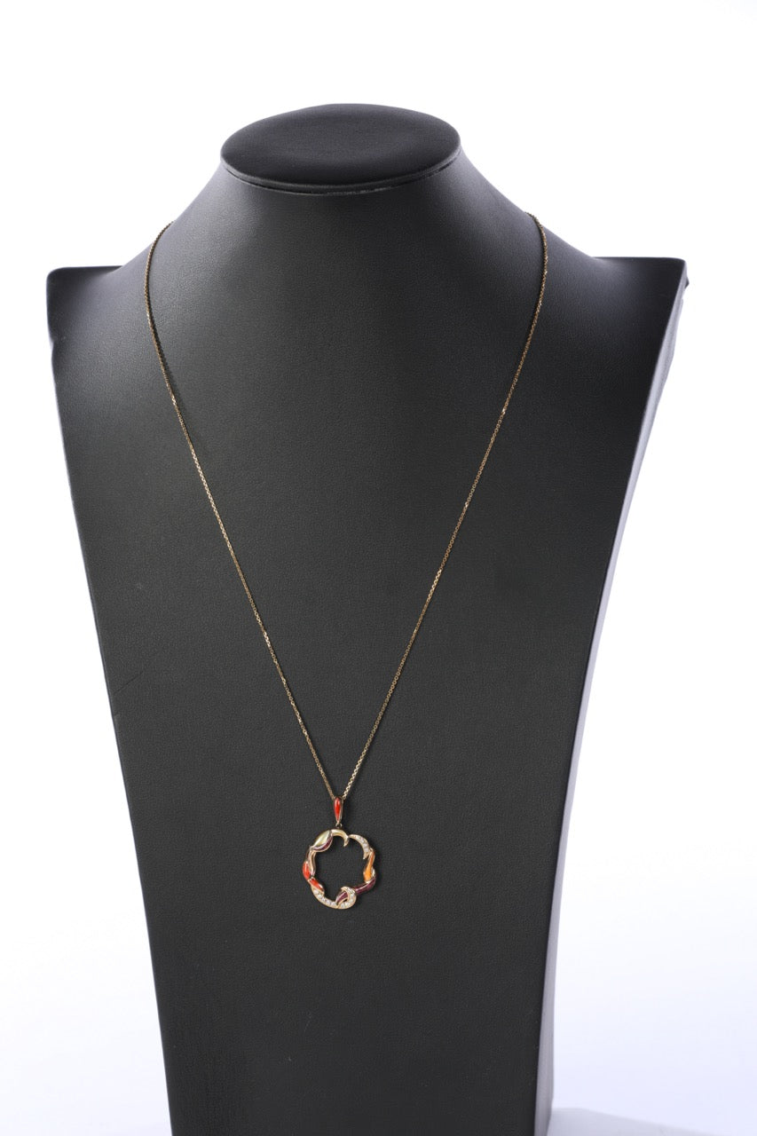 COMES WITH BOX - Kabana 14k Gold Orange, Purple, Mother of Pearl, & Diamond Circle Pendant with Unbranded Chain