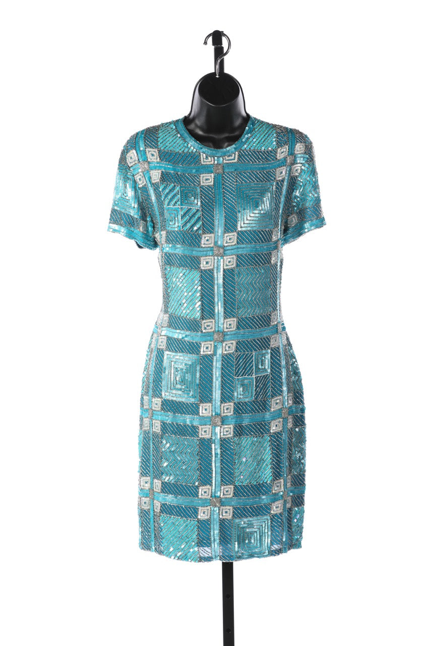 Naeem Khan Riazee Ice Blue Beaded Knee-length Dress w/ Square Beaded Pattern Naeem Khan Riazee Ice Blue Beaded Knee-length Dress w/ Square Beaded Pattern
