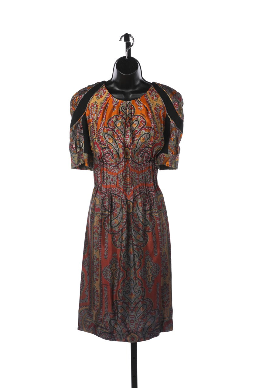 Louis Vuitton Satin Gold, Red, Orange & Green Short Sleeve Dress w/ Wa Kit's Boutique Louis Vuitton Satin Gold, Red, Orange & Green Short Sleeve Dress w/ Wa Kit's Boutique