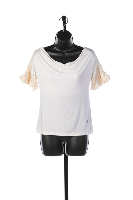 Roberto Cavalli White Drape Neck Blouse w/ Cream Ruffle Sleeves  NWT