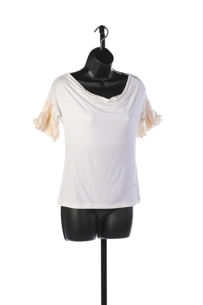 Roberto Cavalli White Drape Neck Blouse w/ Cream Ruffle Sleeves NWT