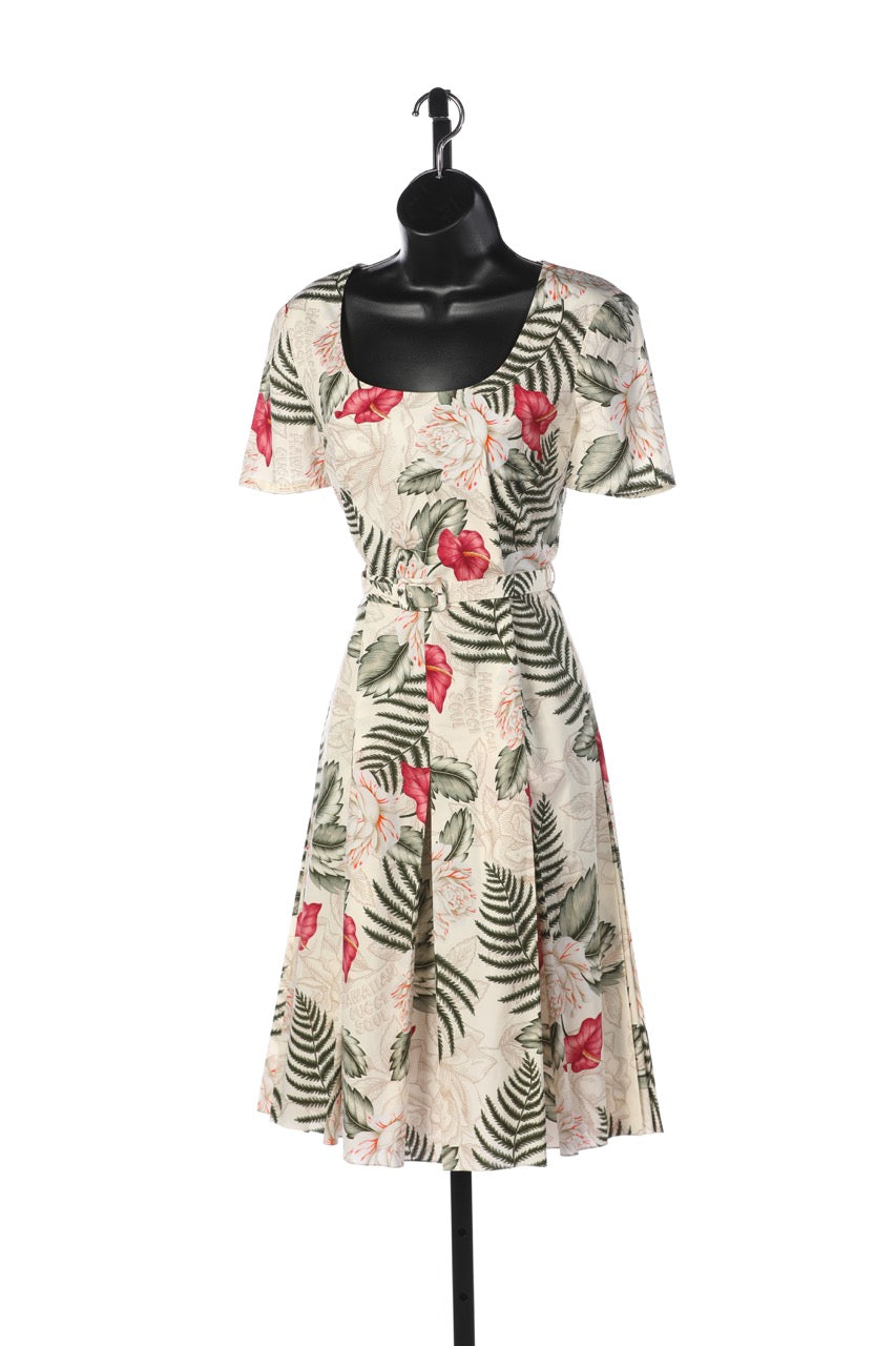 Gucci White w Red & Green Floral Short Sleeve Square-Neck "Hawaiian Dream Dress" NWT