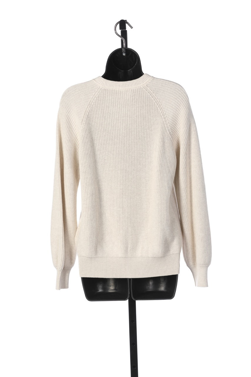 Brunello Cucinelli Oatmeal Long Sleeve Crew-Neck Ribbed Sweater w Triangle Logo Beads on Neck