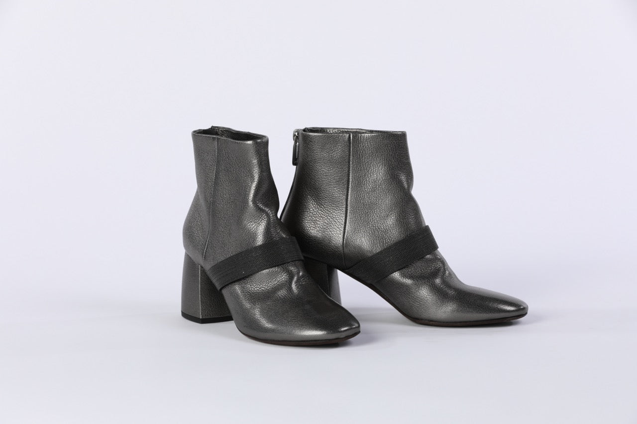 Brunello Cucinelli Grey Sparkly Cross-Strap Booties