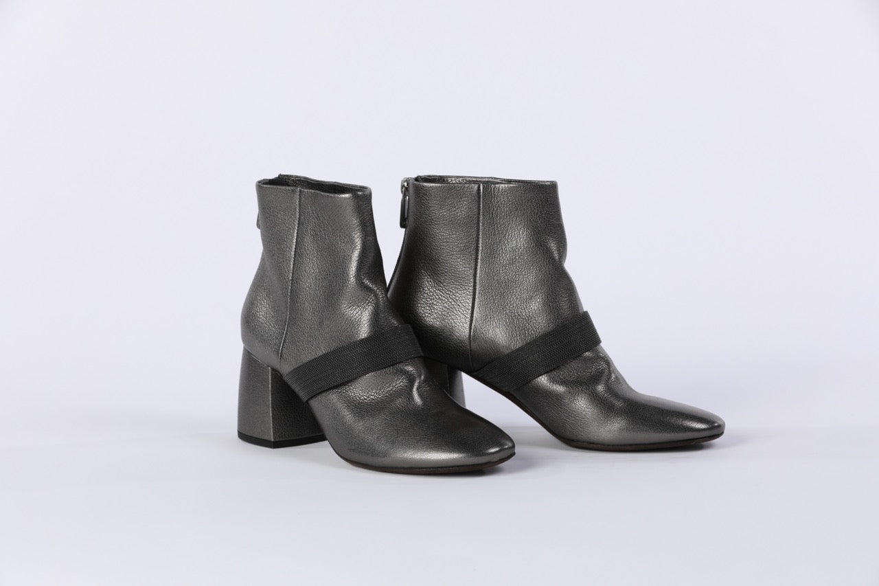 Brunello Cucinelli Grey Sparkly Cross-Strap Booties