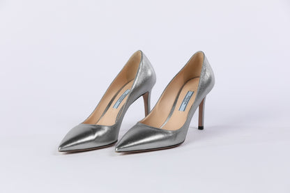 Prada Silver Patent Leather Pointed Toe Heels