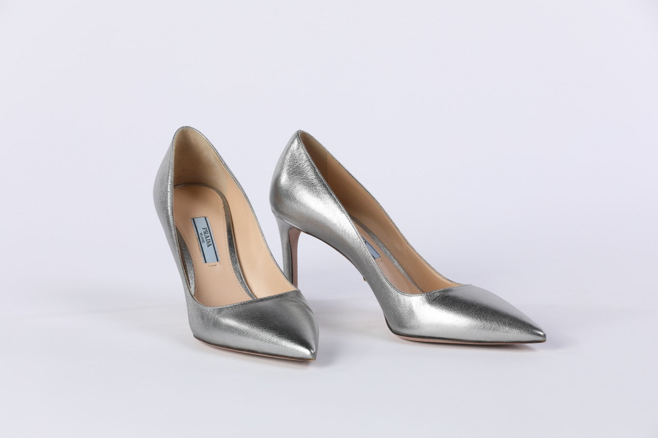 Prada Silver Patent Leather Pointed Toe Heels