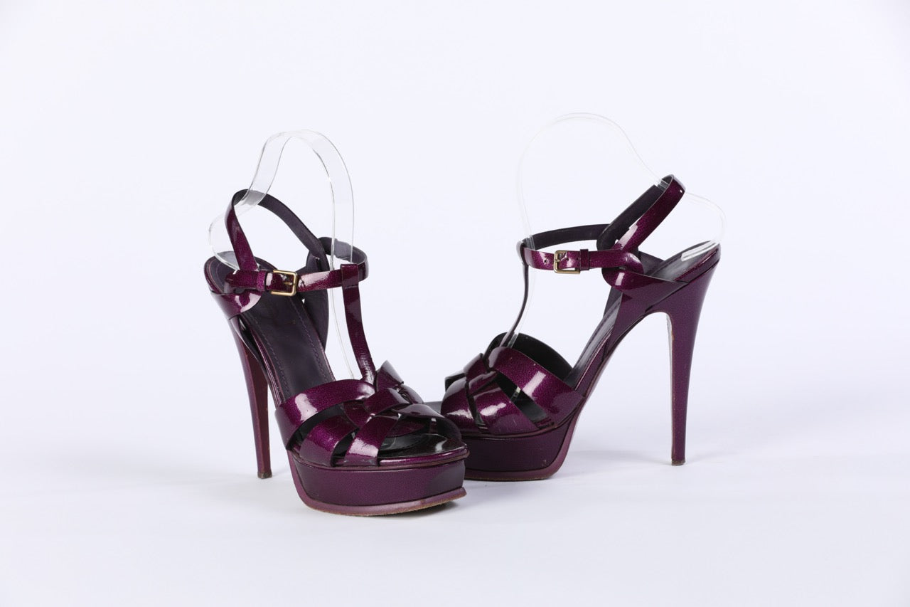 YSL Leather Glossy Purple Ankle Strap high Heel Stilettos Sandals