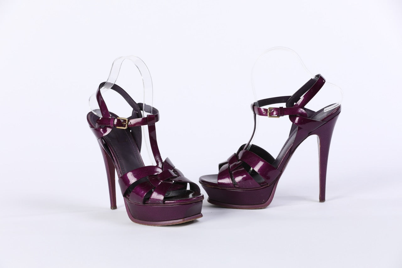 YSL Leather Glossy Purple Ankle Strap high Heel Stilettos Sandals