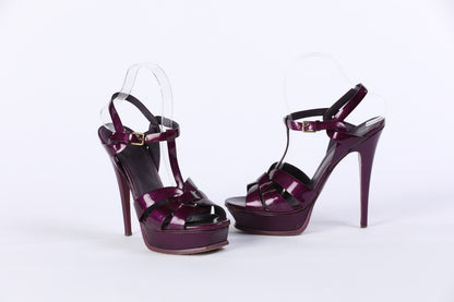 YSL Leather Glossy Purple Ankle Strap high Heel Stilettos Sandals