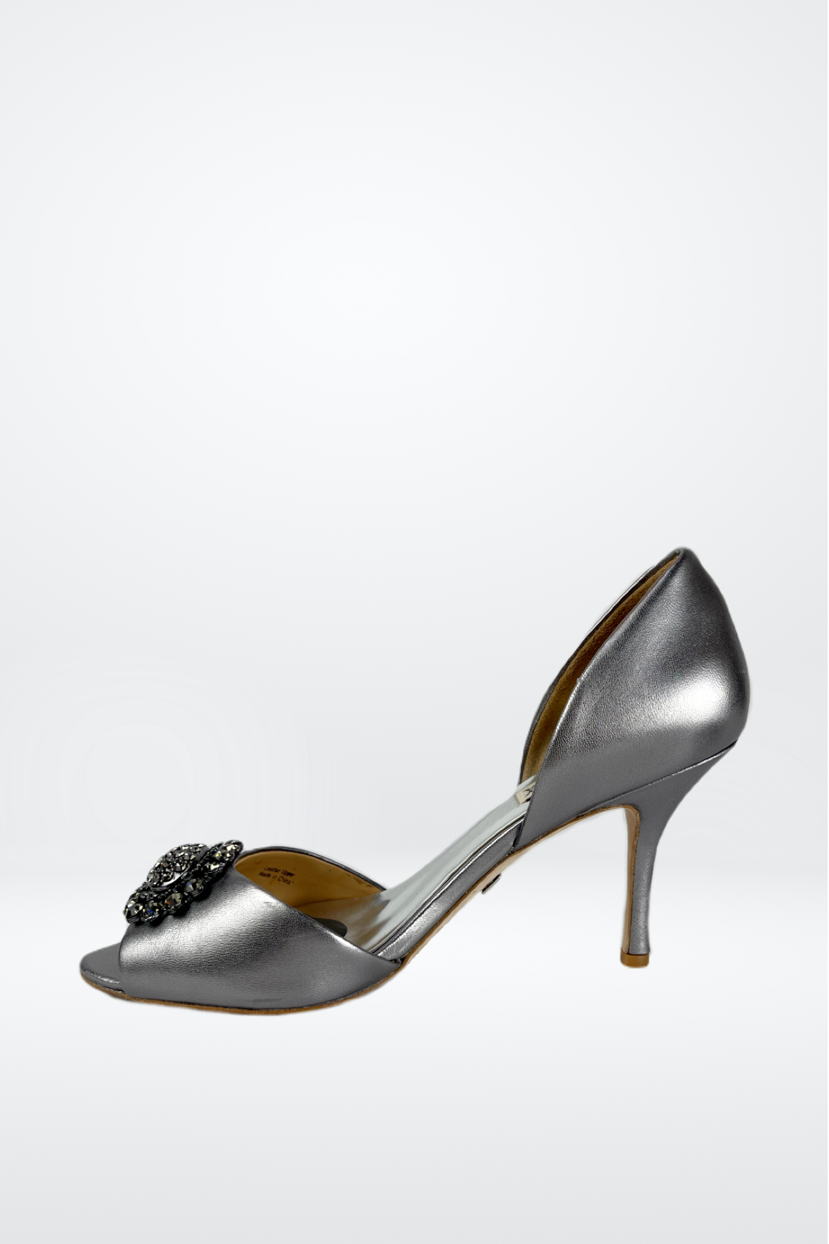 Badgley Mischka Silver Embellished Open Toe Satin Pumps