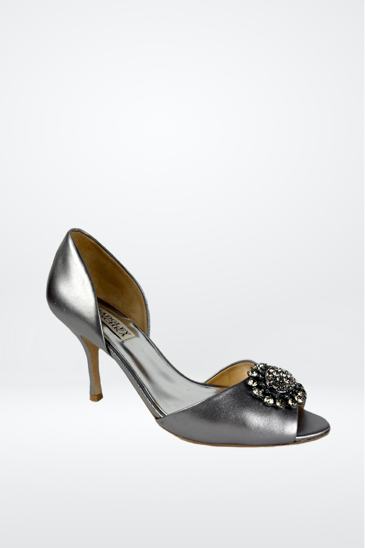 Badgley Mischka Silver Embellished Open Toe Satin Pumps