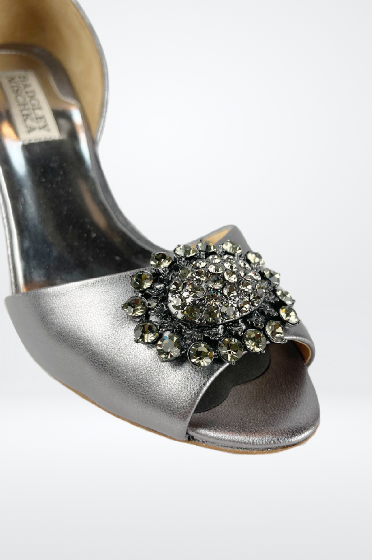 Badgley Mischka Silver Embellished Open Toe Satin Pumps