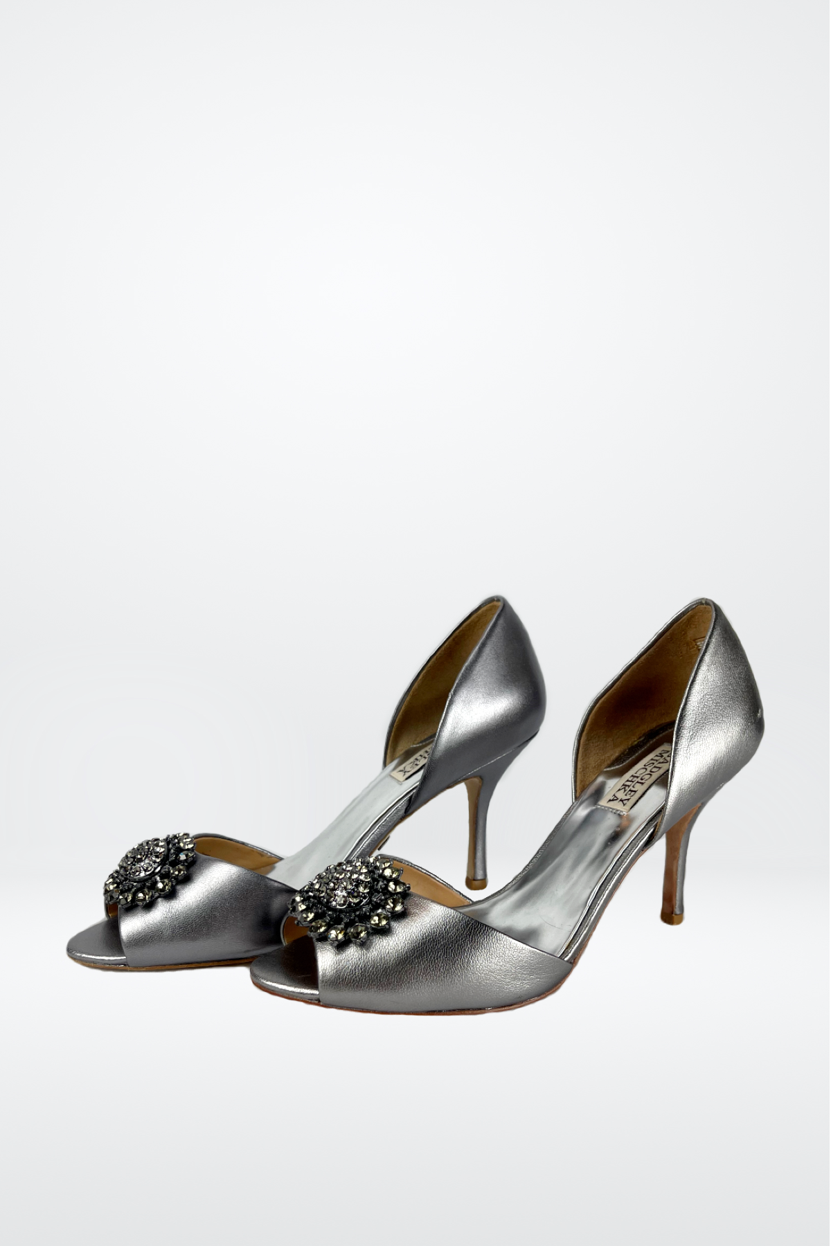 Badgley Mischka Silver Embellished Open Toe Satin Pumps