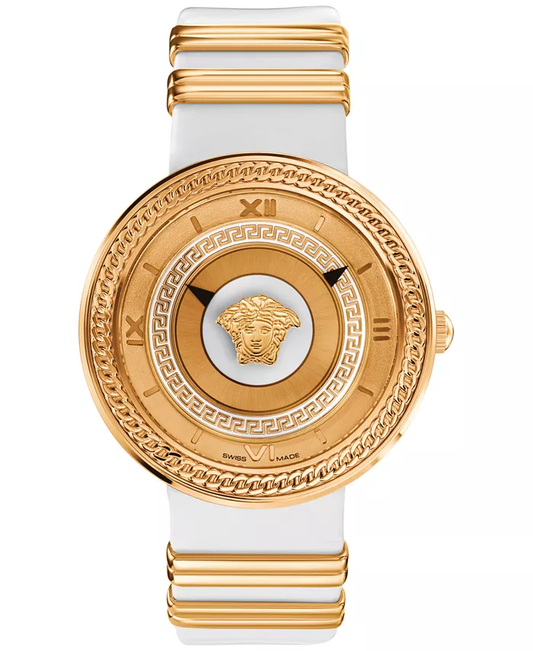 Versace White & Rose Gold Unisex Swiss V-Metal Ion-Plated Accent White Leather Strap Watch 40mm VLC040014