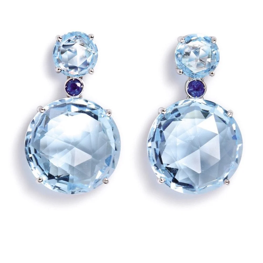 18K White Gold Blue Topaz & Blue Sapphire Circle Bouquet Drop Earrings