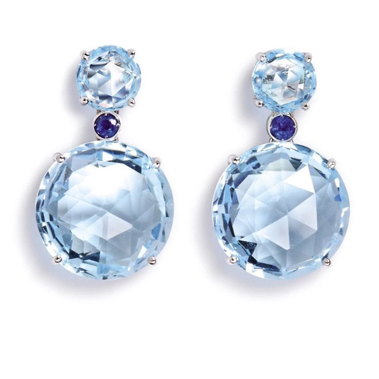 18K White Gold Blue Topaz & Blue Sapphire Circle Bouquet Drop Earrings