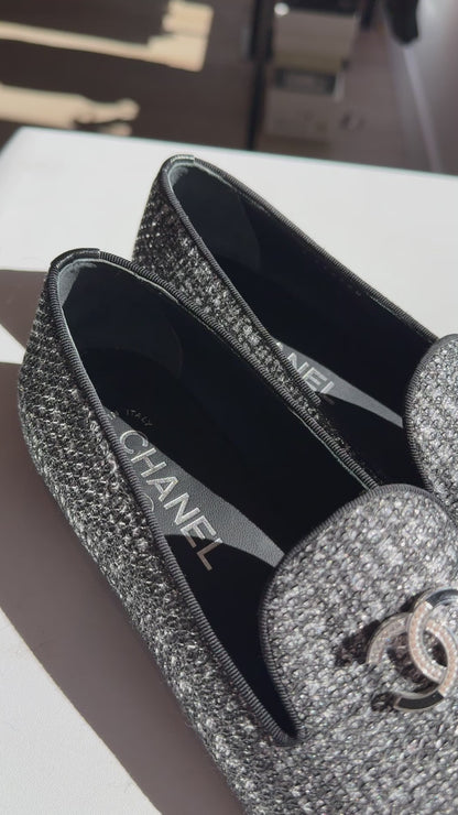 Chanel Silver Sparkle w CC Logo Loafers