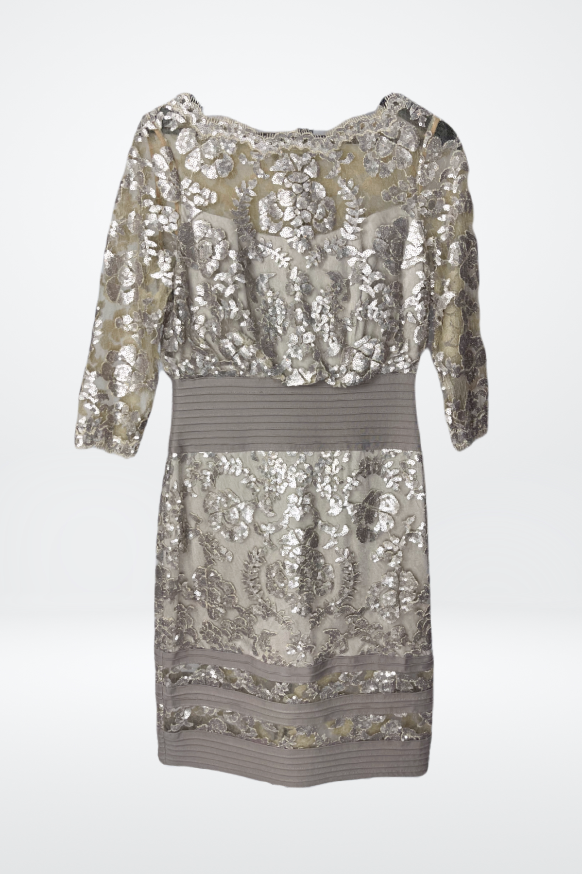 Tadashi Shoji Embellished Floral Sequined 3/4 Sleeve Stretch Waist Midi Dress